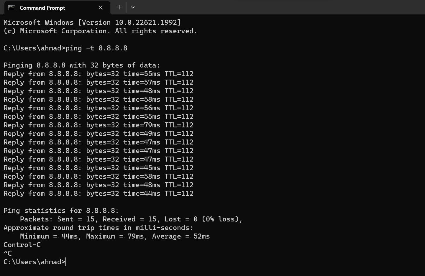 在 Windows 命令提示符下按 CTRL + C 键停止 Ping 测试