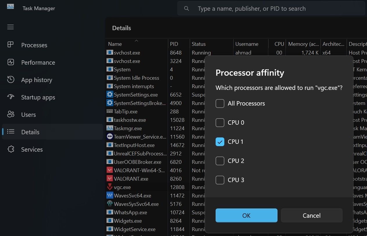 从 Windows 任务管理器中的处理器关联设置禁用不需要的 CPU