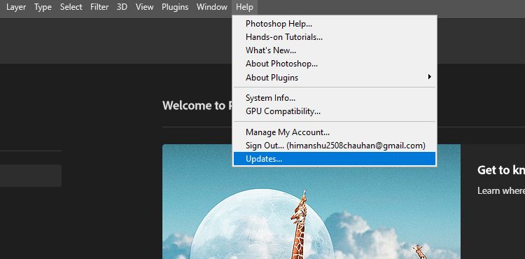 Adobe Photoshop 更新选项