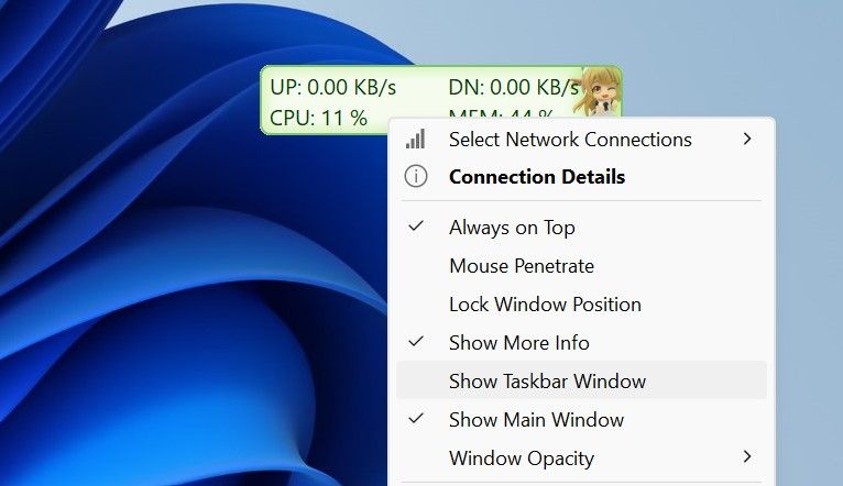 单击“显示任务栏窗口”选项可在 Windows 任务栏上显示 Internet 速度