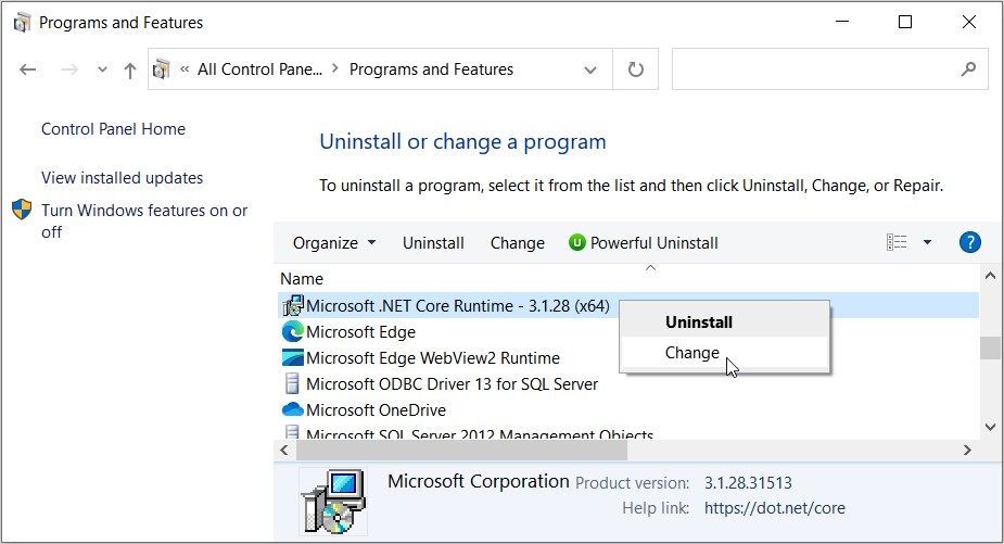 单击 Microsoft .NET Core Runtime 选项上的“更改”
