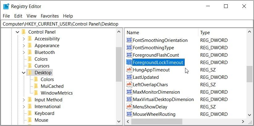 单击注册表编辑器中的 ForegroundLockTimeout 值