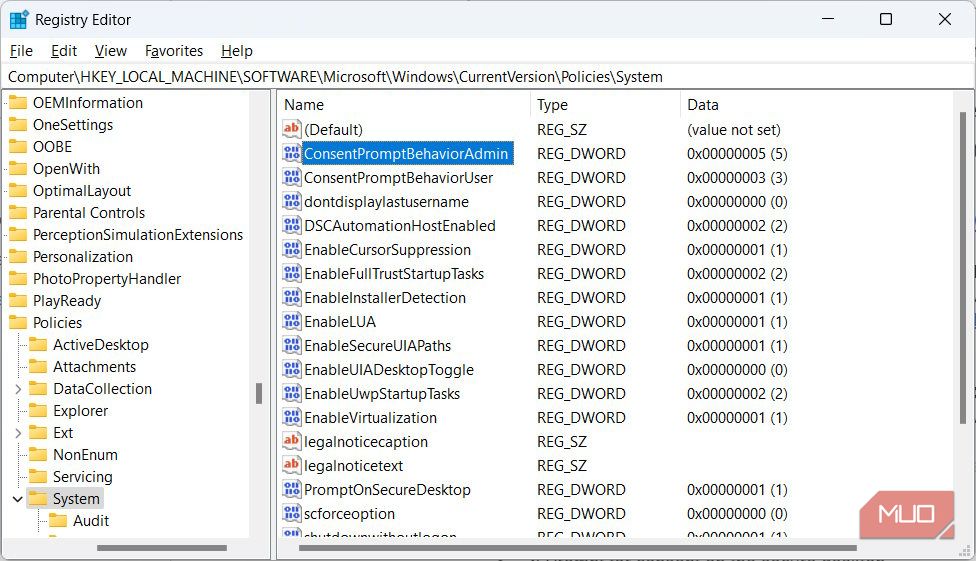 注册表编辑器中的 ConsentPromptBehaviorAdmin 值