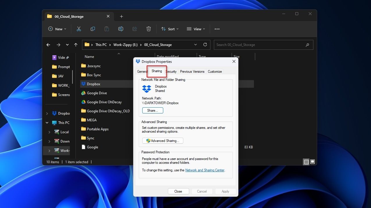 Dropbox 文件夹 Windows 资源管理器属性共享