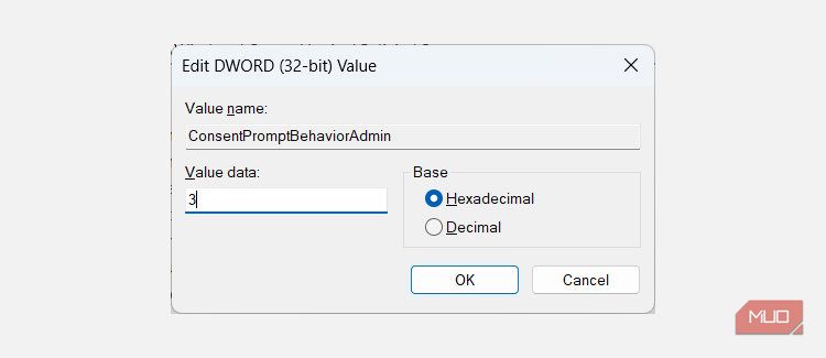 在注册表编辑器中编辑 ConsentPromptBehaviorAdmin 值