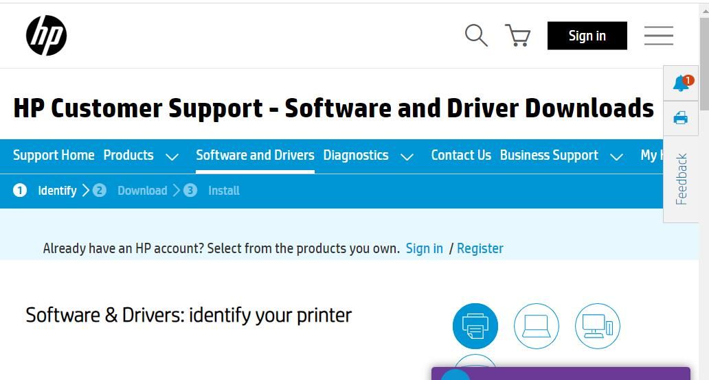 HP 网站上的打印机驱动程序下载部分 