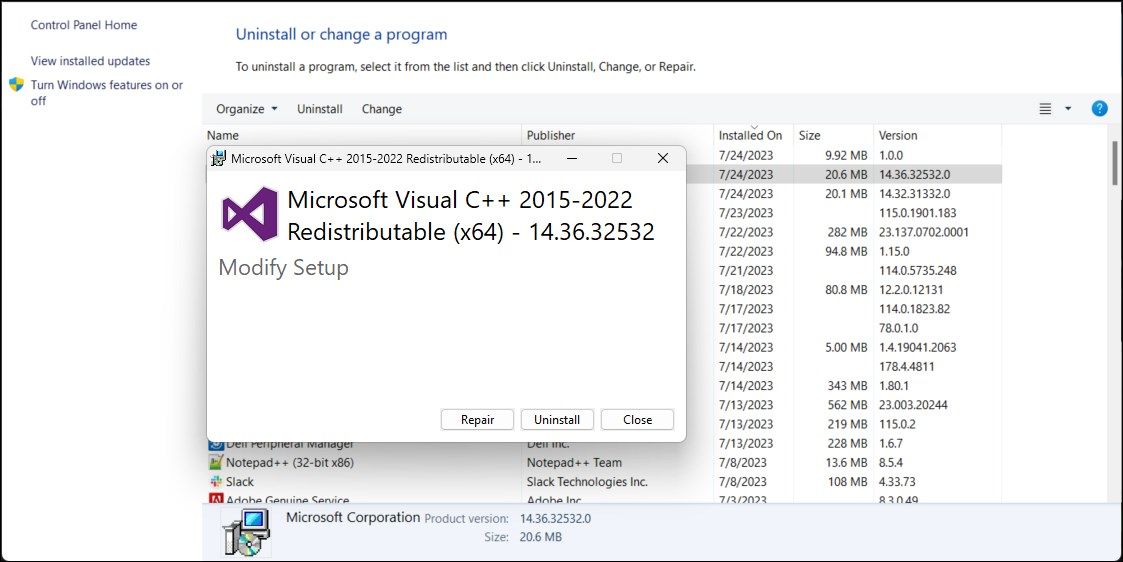 修复 Microsoft Visual C Plus Plus 可分发包