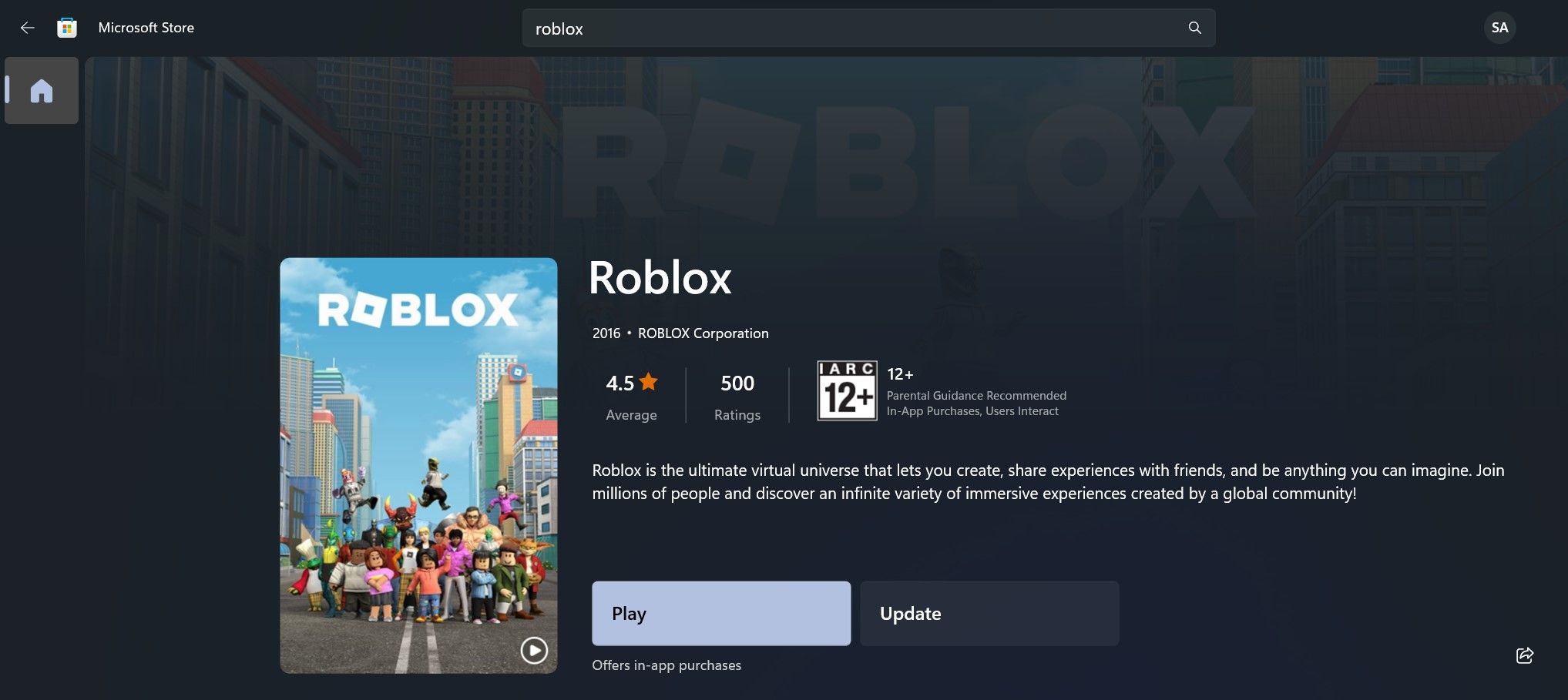 Windows 上的 Roblox Microsoft Store 应用列表