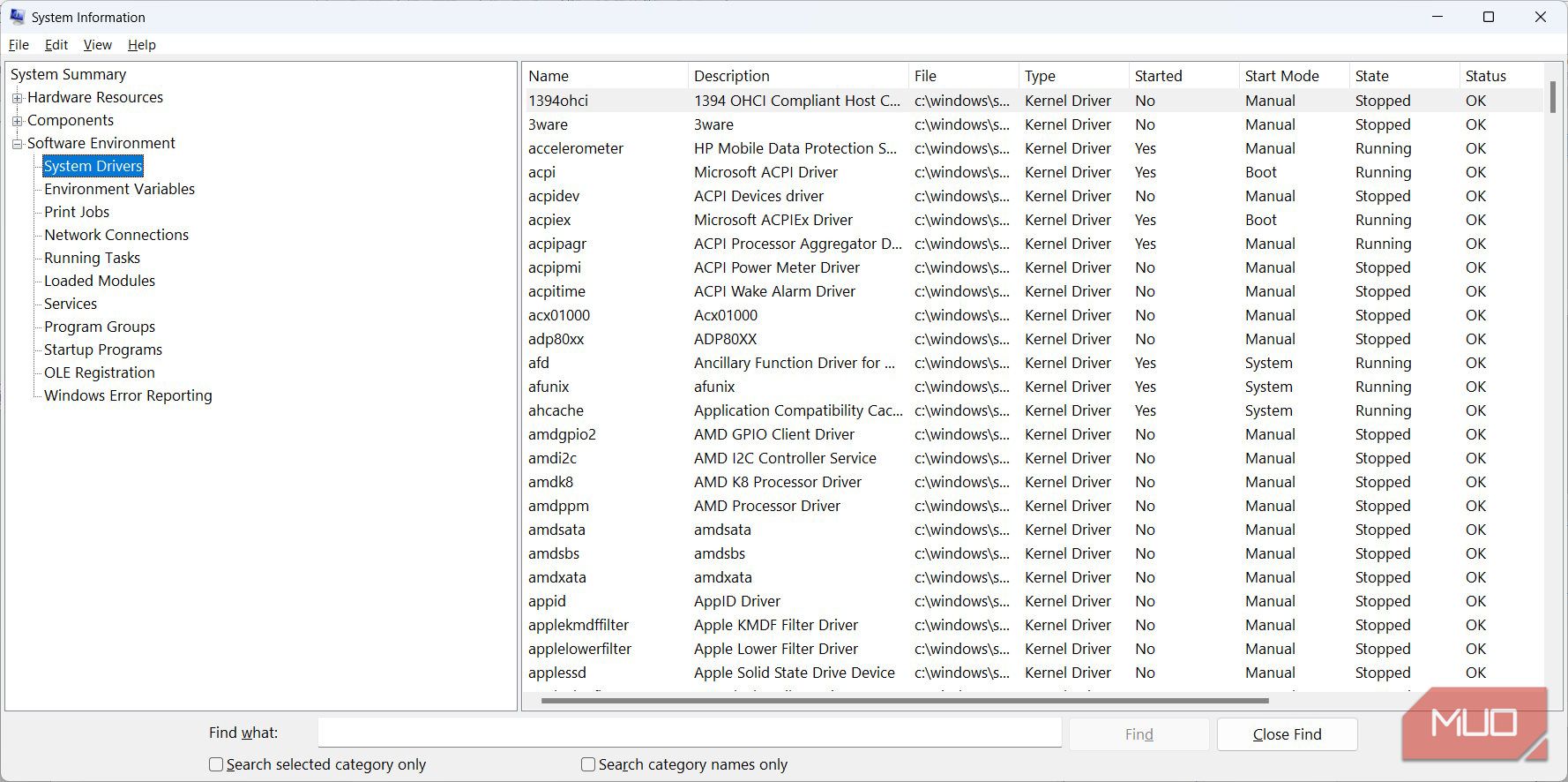 Windows 系统报告的系统驱动程序部分