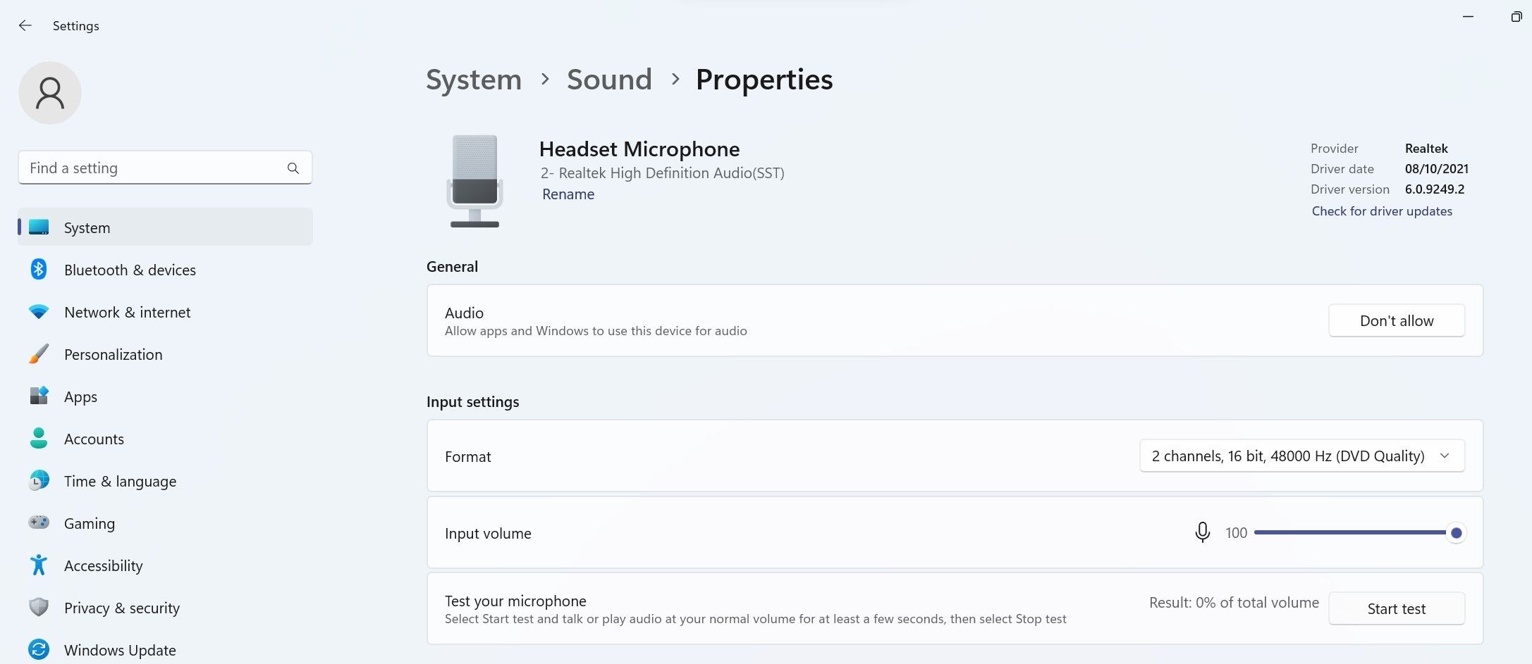 在“设置”应用程序的“声音属性”窗口中测试耳机麦克风