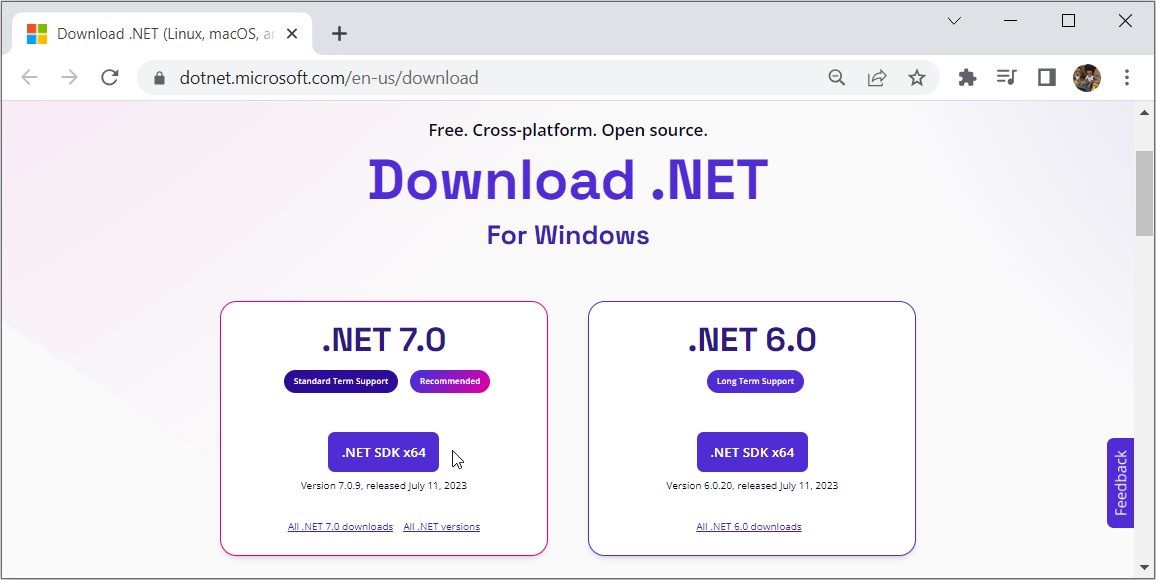 Microsoft 网站上的 .NET Core 安装页面