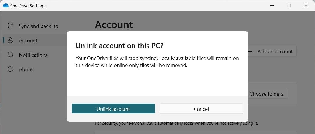 在 Windows 上取消链接 OneDrive 帐户