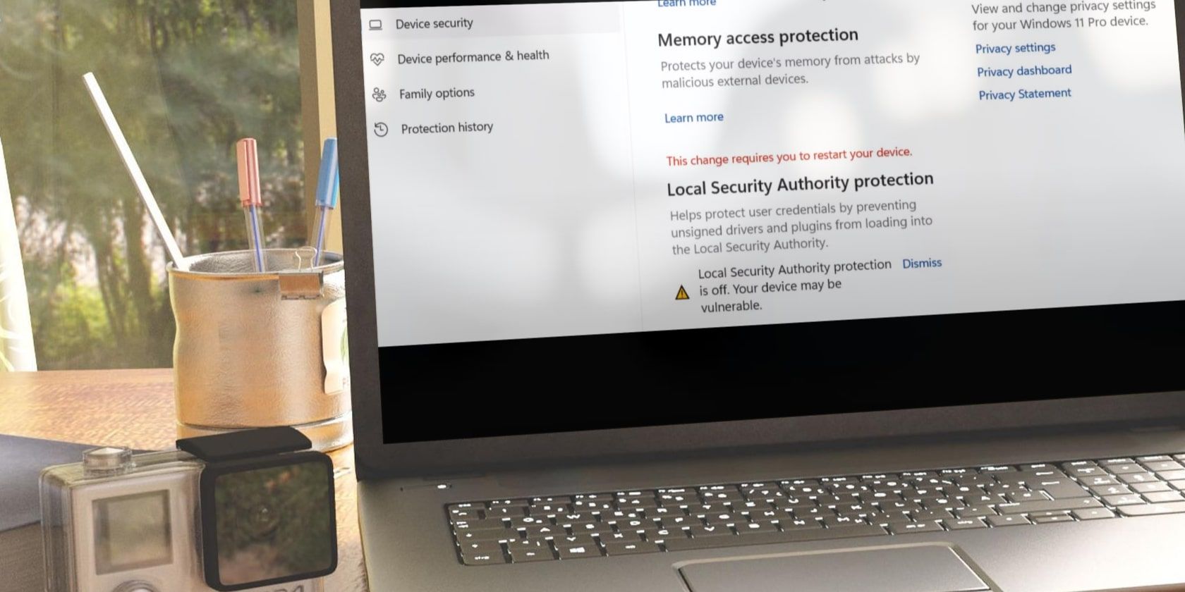 warning popup saying that the local security authority protection is turned off in the windows security app
