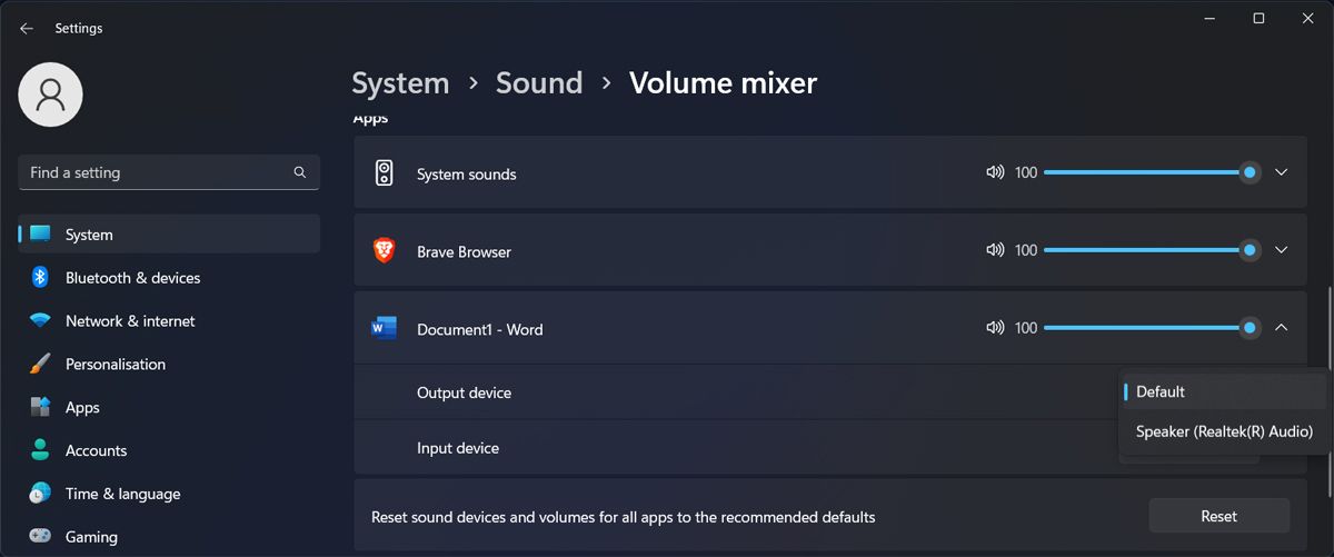 检查 Windows 11 中的音量混合器设置