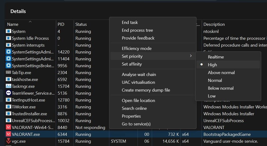 在 Windows 任务管理器中将 Valorants 进程优先级设置为高