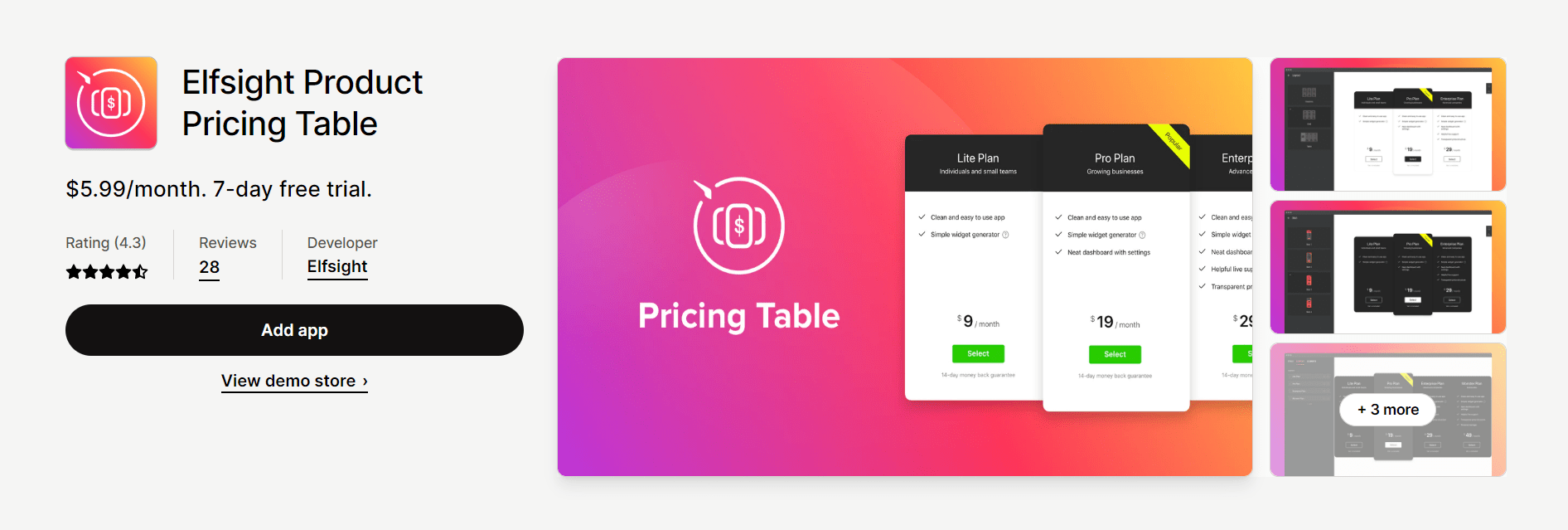 Elfsight 產品定價表