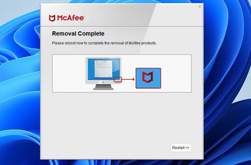 删除完成选项表明 McAfee 产品已被删除