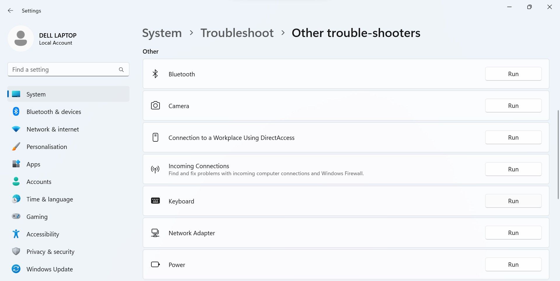 单击 Windows 设置应用程序中键盘疑难解答旁边的运行按钮