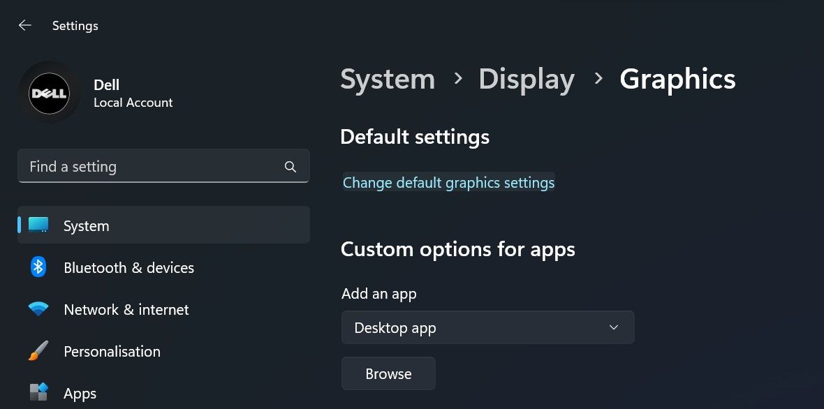 单击 Windows 设置应用程序的图形设置中的更改默认图形设置按钮