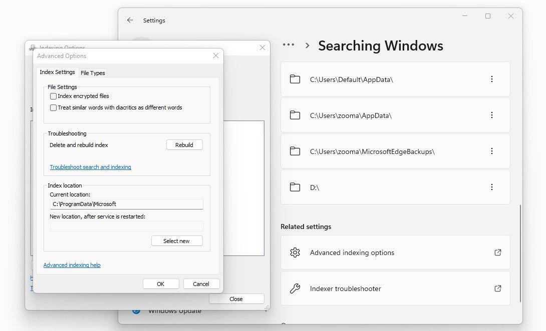  在 Windows 设置中重建搜索索引