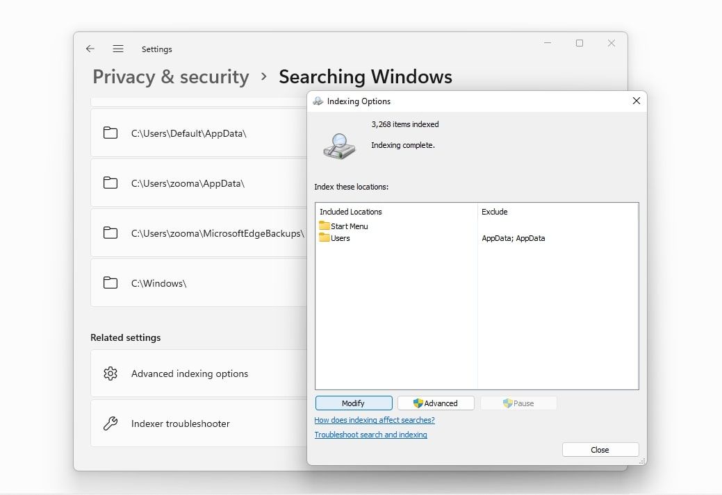  修改 Windows 设置中的搜索索引选项