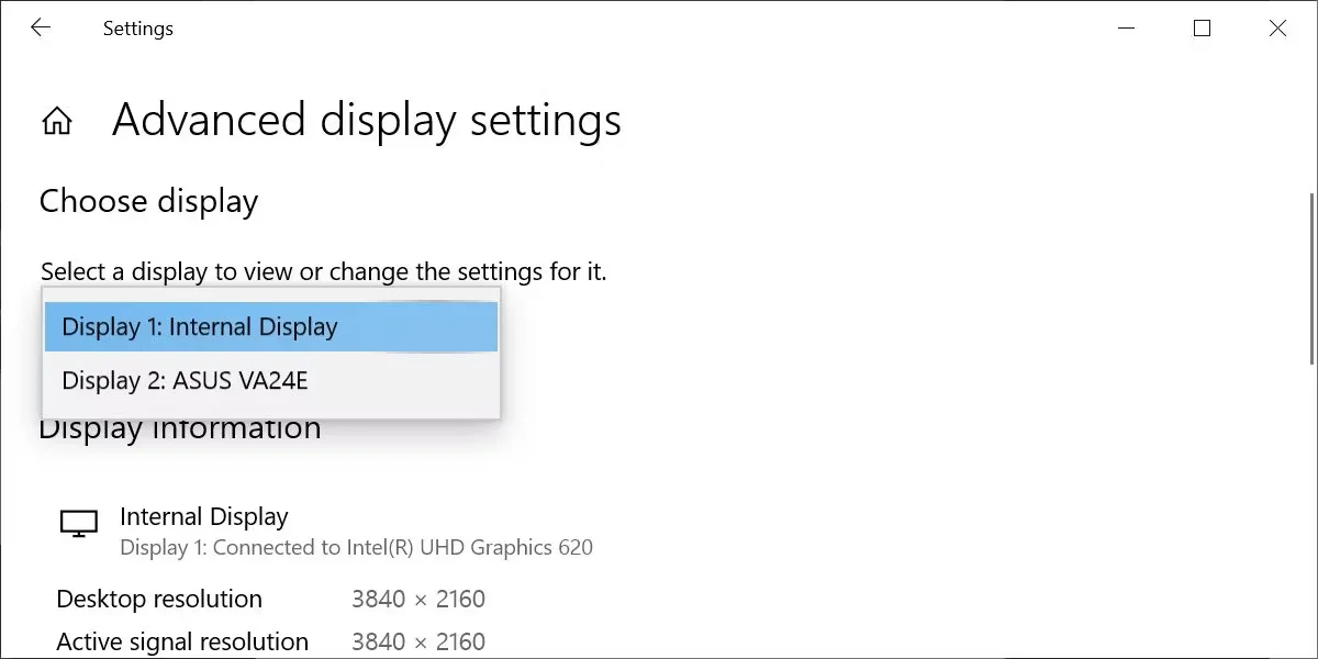 Windows 10 设置应用中的高级显示设置