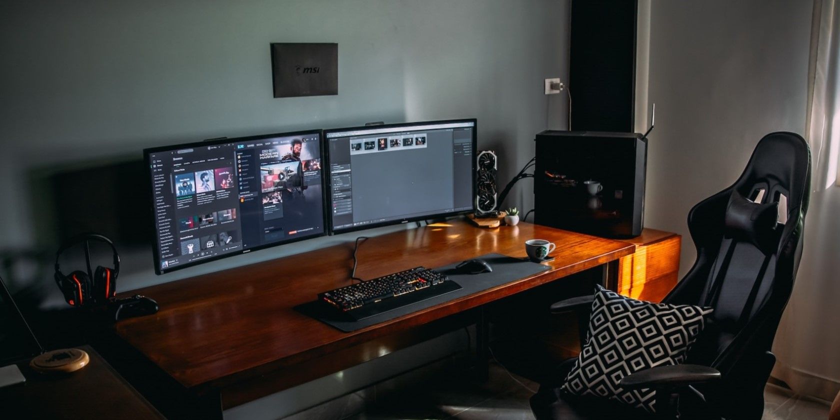 a computer set on a wooden desk