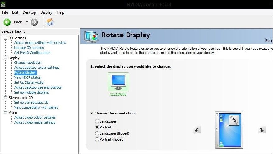 使用 NVIDIA 控制面板更改显示方向