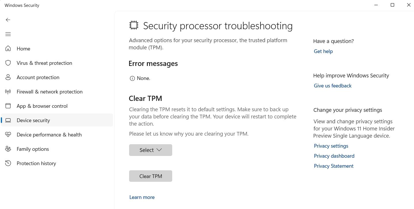 Windows 安全中的清除 TPM 按钮
