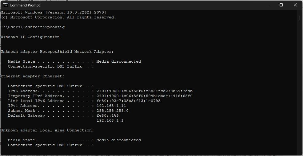 命令提示符 ipconfig 私有 ip 地址