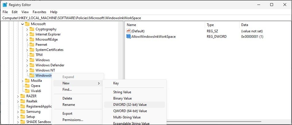 为 microsoft 子项注册表编辑器创建新值AllowWindowsInkWorkspace