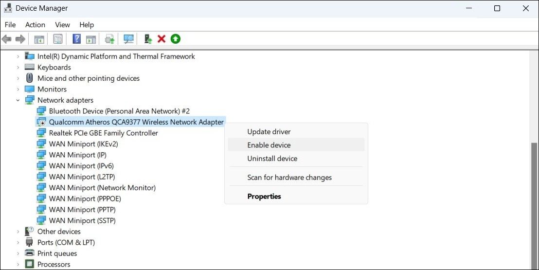 在 Windows 上启用网络适配器驱动程序