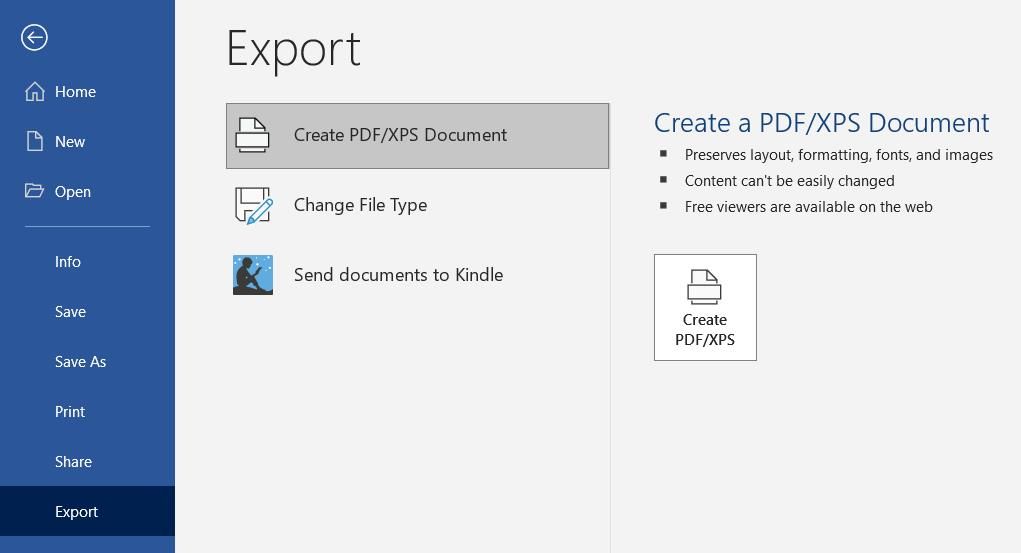创建 PDF/XPS 选项 