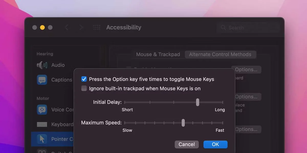 option key to toggle mouse keys