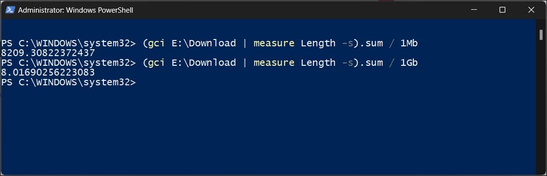 powershell cmdlet 查看文件夹大小 兆字节 千兆字节