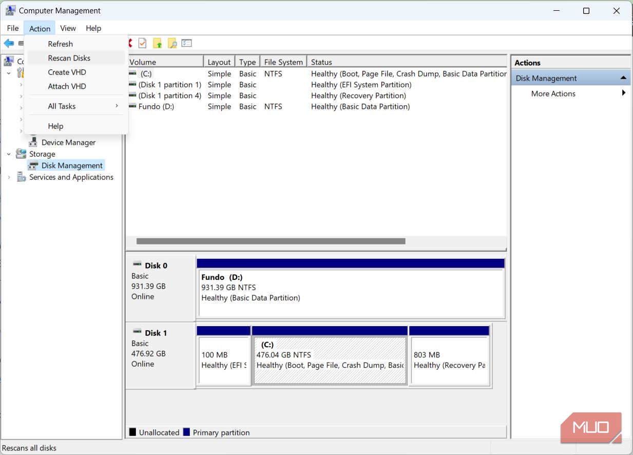 在 Windows 上的计算机管理中重新扫描磁盘