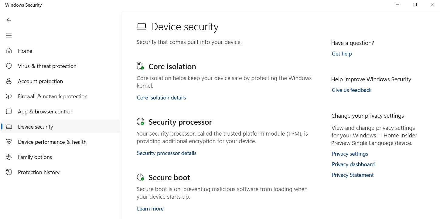 Windows 安全中的安全处理器详细信息选项
