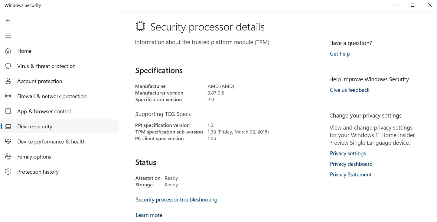 Windows 安全应用程序中的安全处理器故障排除选项