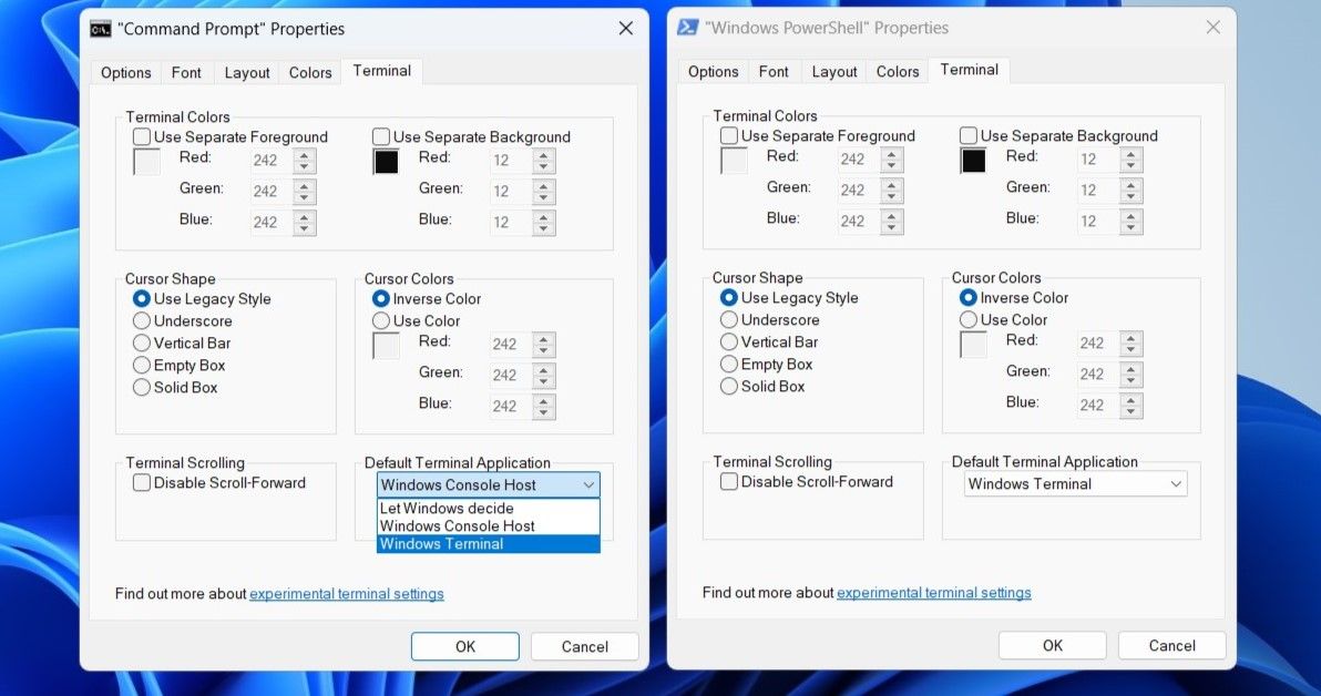 通过控制台属性将 Windows 终端设置为默认应用程序