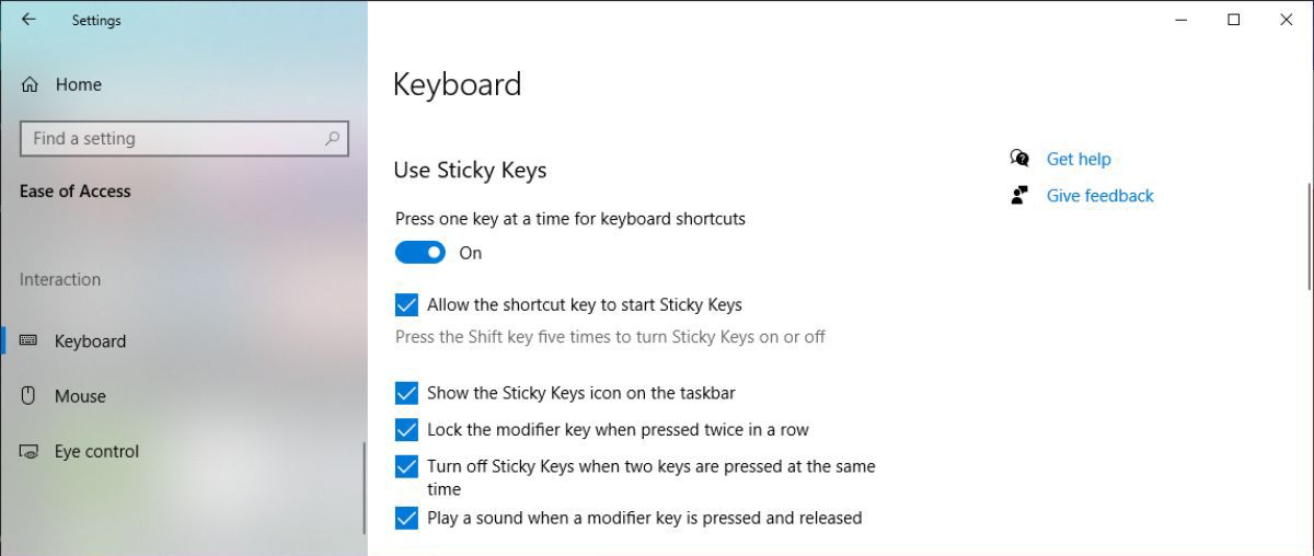 Windows 10 中的粘滞键设置