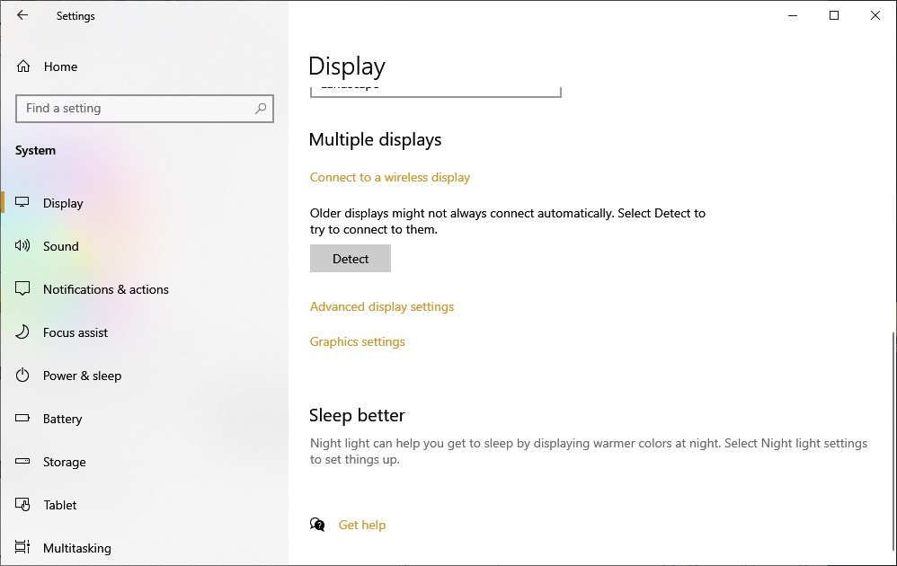 Windows 10 设置中的显示页面