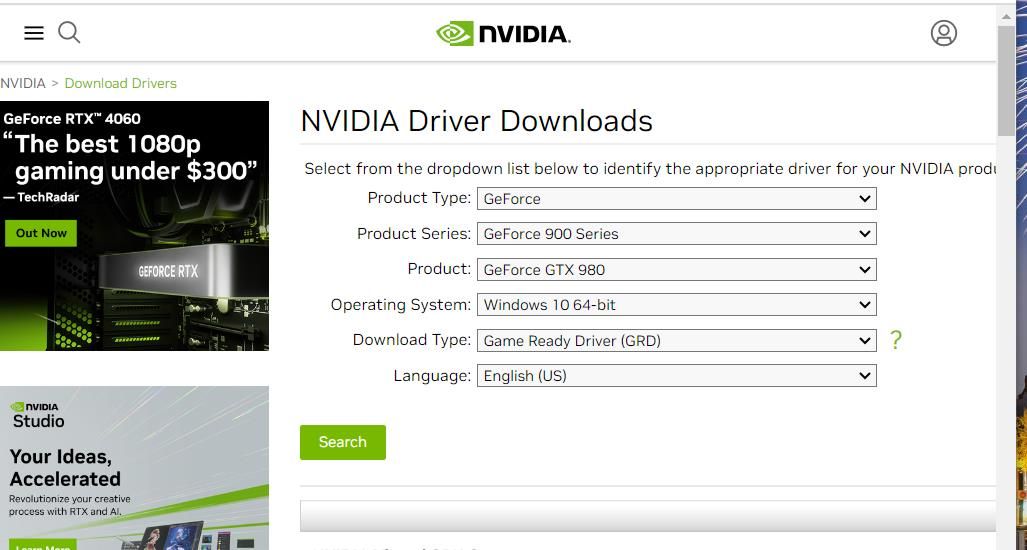 NVIDIA 驱动程序下载页面