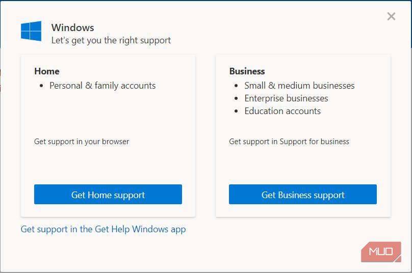 微软支持页面上弹出的获取支持的窗口
