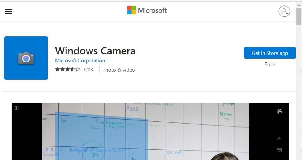 MS Store 上的 Windows 相机应用程序页面 