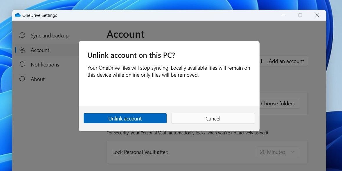 在 Windows 上取消链接 OneDrive 帐户