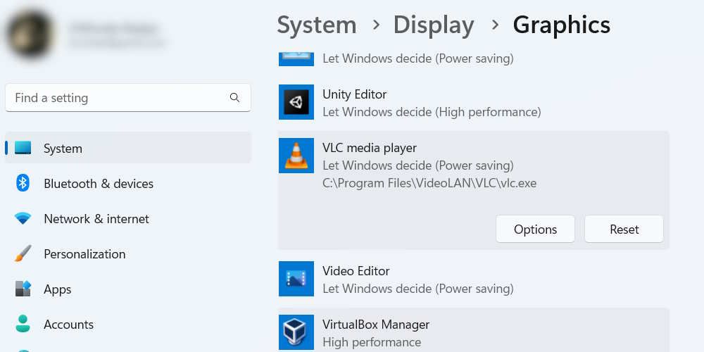Windows 11 设置中的 VLC 图形首选项