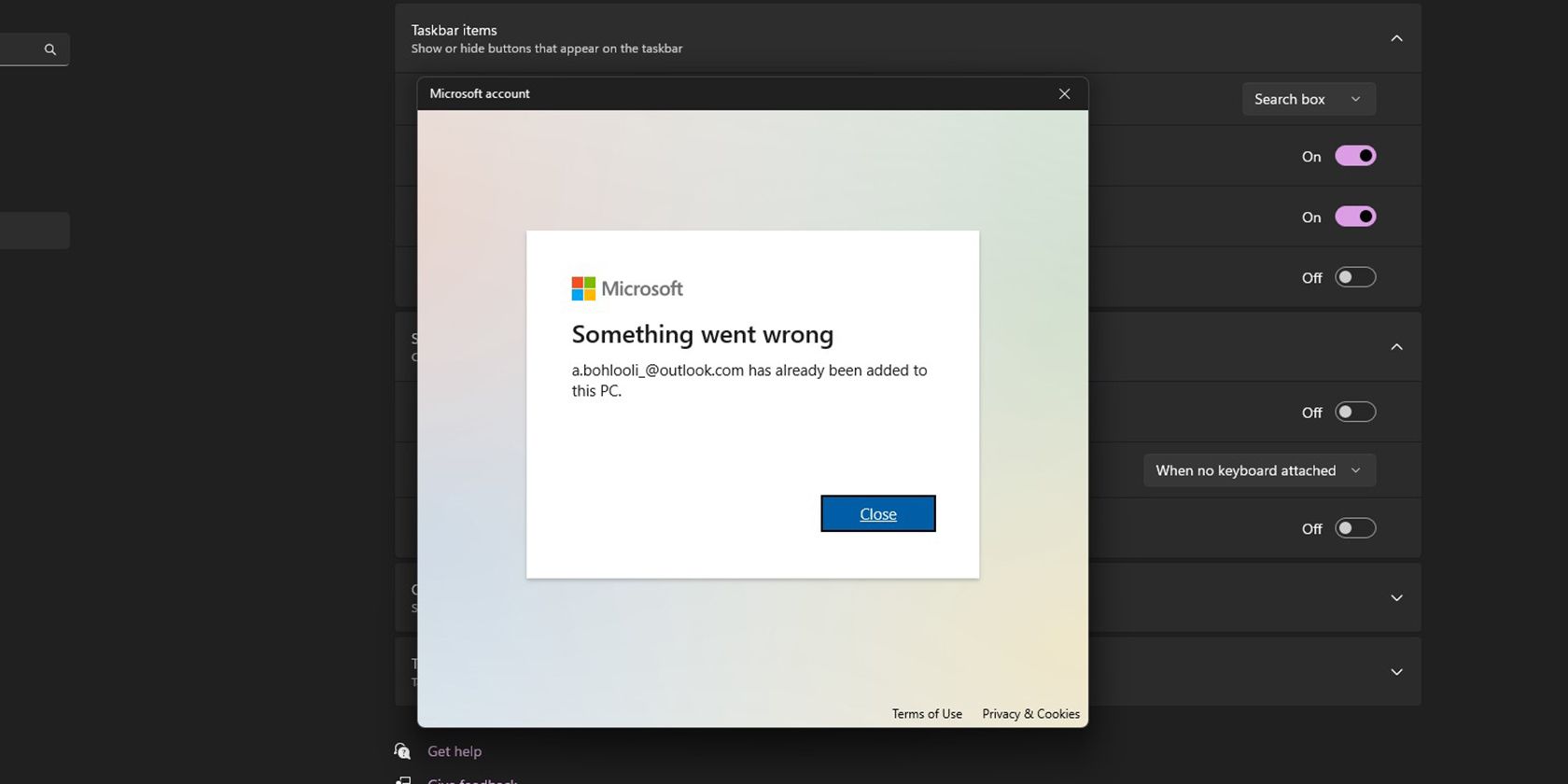 添加帐户时 Windows 显示错误