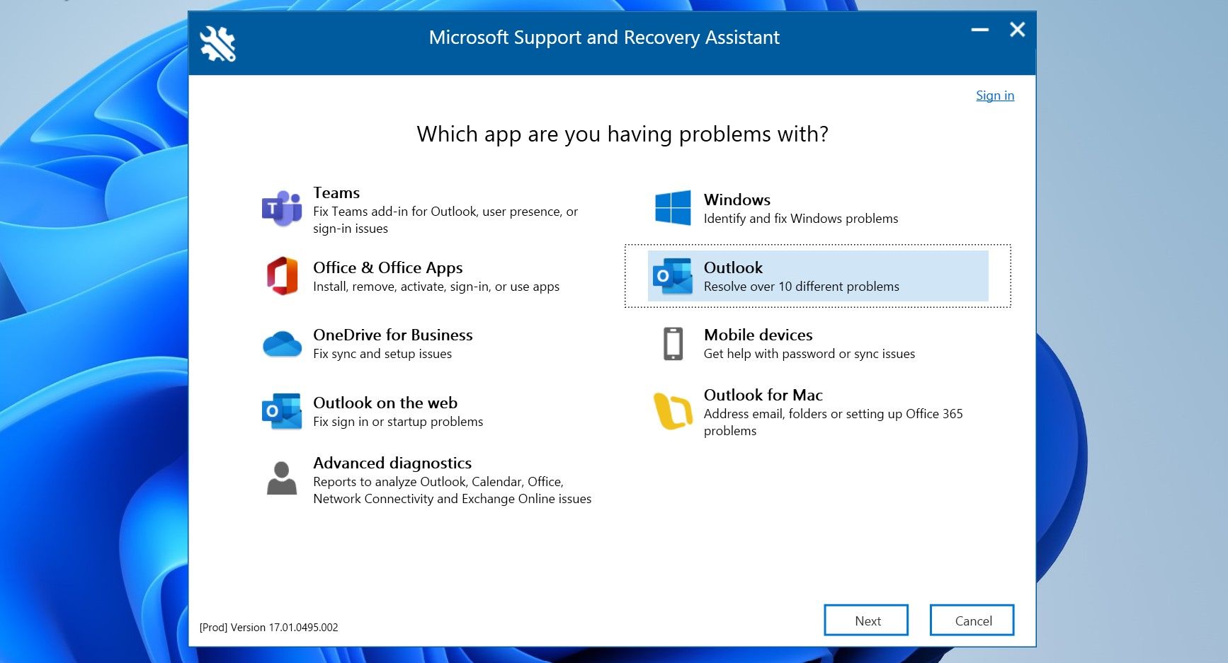 从 Microsoft 支持和恢复助手窗口的应用程序列表中选择 Outlook 后，单击“下一步”