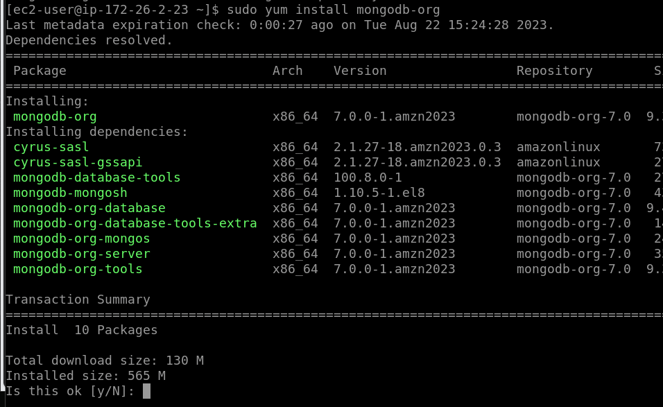 Amazon Linux 2023 上的 MongoDB 安装