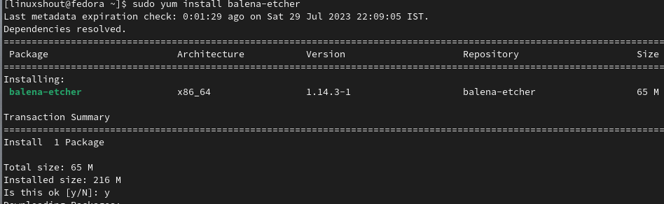 在 fedora Linux 上安装 Etcher USB 可启动命令